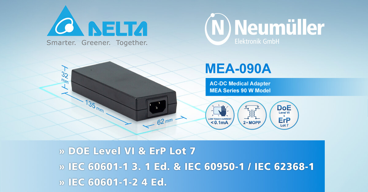 MEA-090A von Delta - neues kompaktes Tischnetzteil mit 90W Leistung für medizinische Anwendungen
